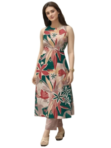 Women’s Cambric Cotton Kurta Pant Set | Sleeveless Printed Kurta